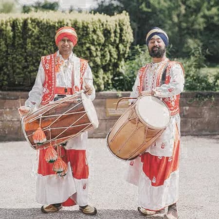 Traditional dhol drums in red and white
